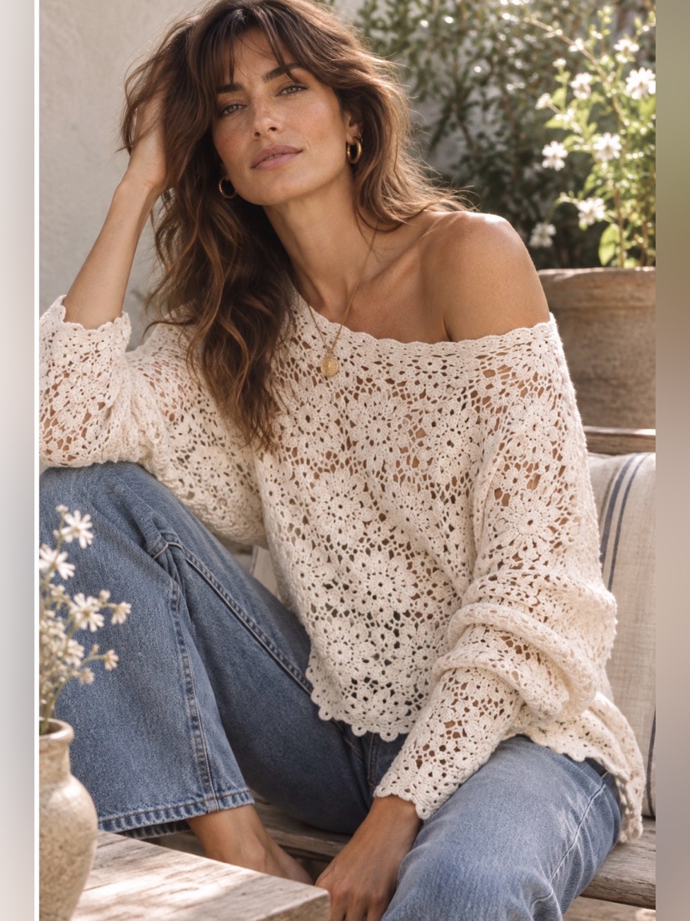 Y2K Crochet Openwork Cream Sweater